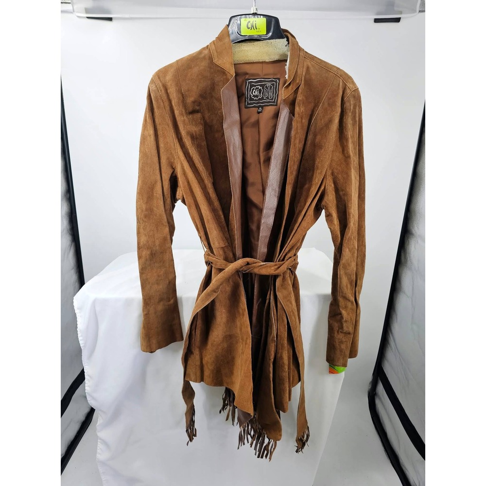 Chi by Falchi Womens Cognac Brown Genuine Suede Fringe Wrap Jacket XL RN77025